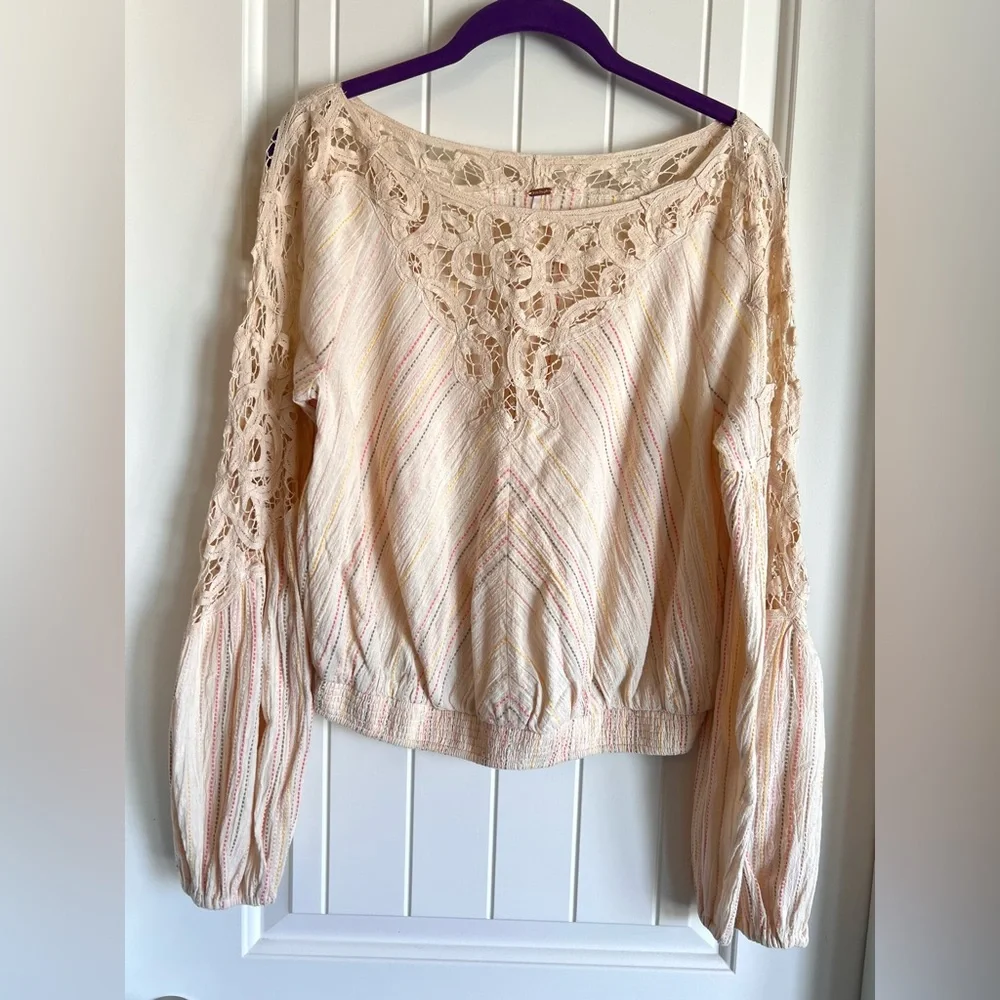 Free People Cream Lace & Striped Detail Peasant Top, XS